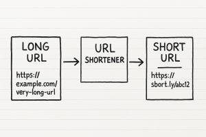 A diagram illustrating the process of a URL shortener, showing the transformation from a long URL to a short URL.