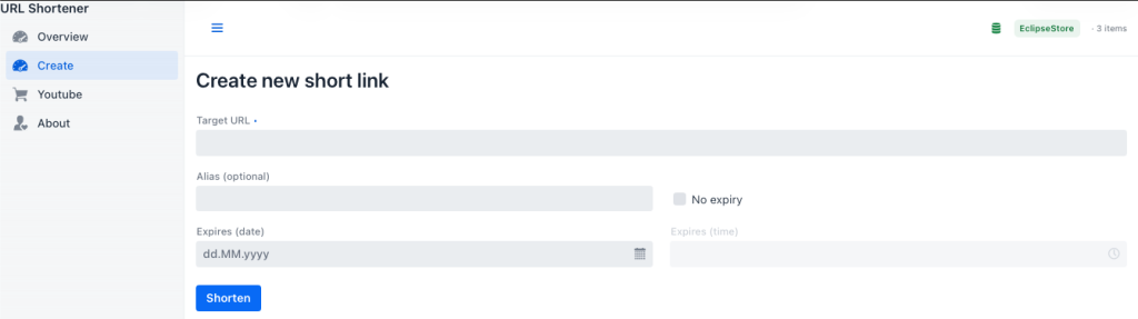 Screenshot of a web application interface titled &lsquo;Create new short link&rsquo;, featuring input fields for the target URL, an optional alias, expiration date and time, along with a &lsquo;Shorten&rsquo; button.