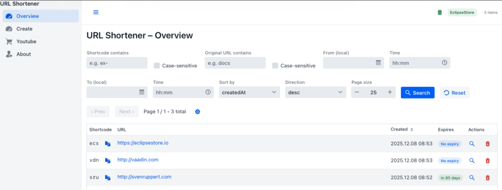 Screenshot of the URL Shortener overview page displaying search filters, a table with shortcodes, original URLs, created and expiry dates, and action buttons.