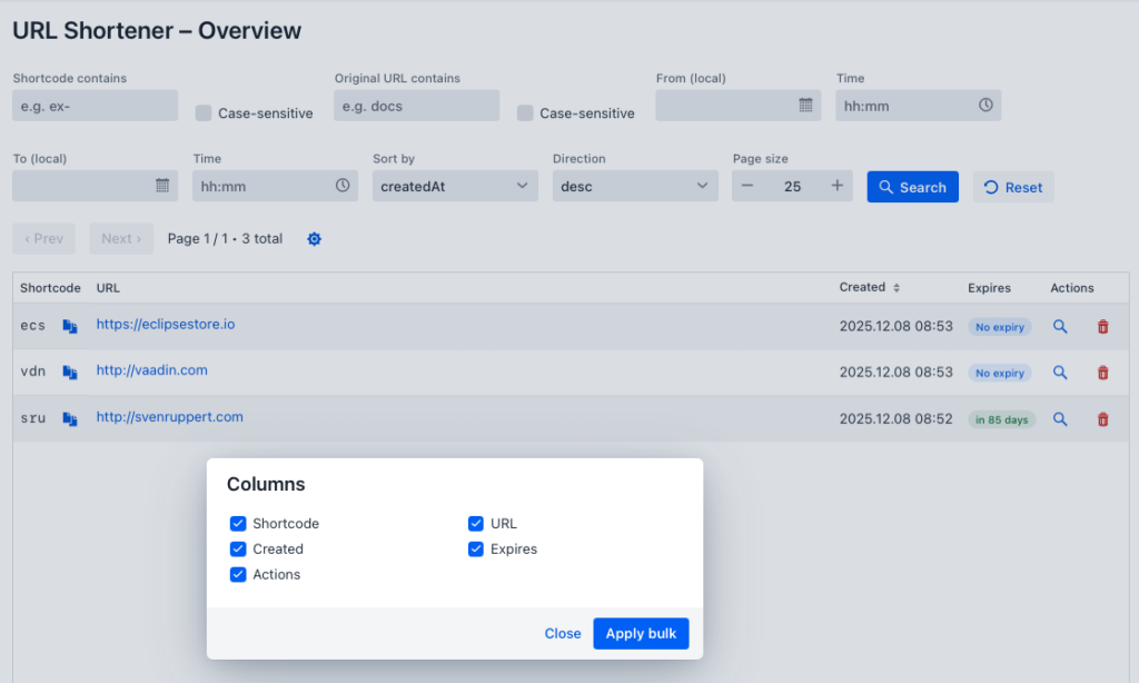 Screenshot of the URL Shortener Overview interface displaying a table with columns for Shortcode, URL, Created, Expires, and Actions. A modal for column visibility settings is open, showing checkboxes for selecting which columns to display.