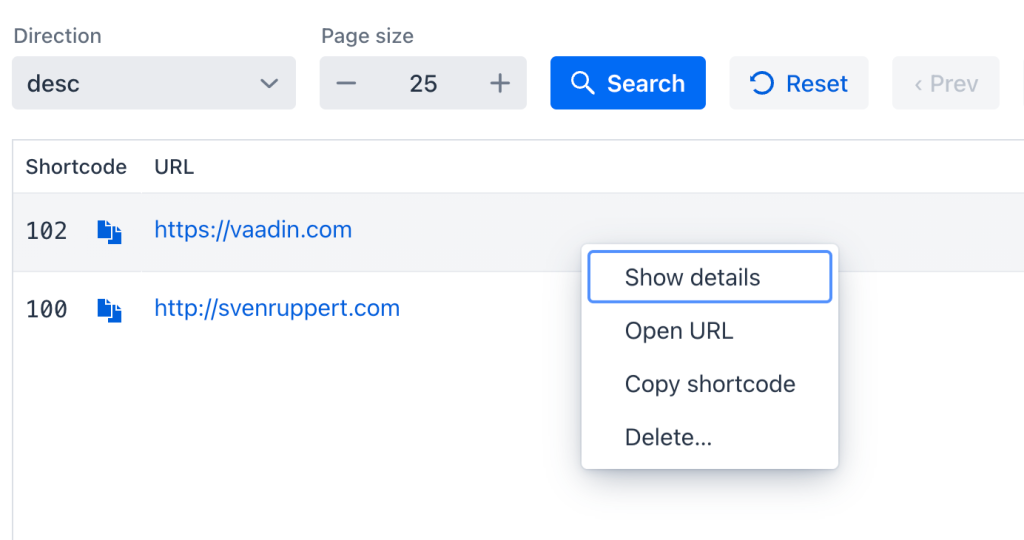 Overview of user interface displaying a table with shortcode and URL columns, including options for showing details, opening URLs, copying shortcodes, and deleting entries.