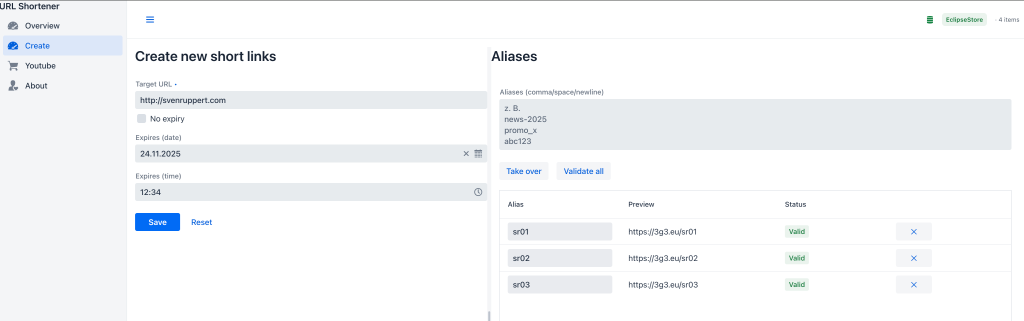 A user interface for a URL shortener application, showcasing a form to create new short links with fields for target URL, expiry date, and expiry time. On the right, a section displays a list of aliases with their previews and validation statuses.