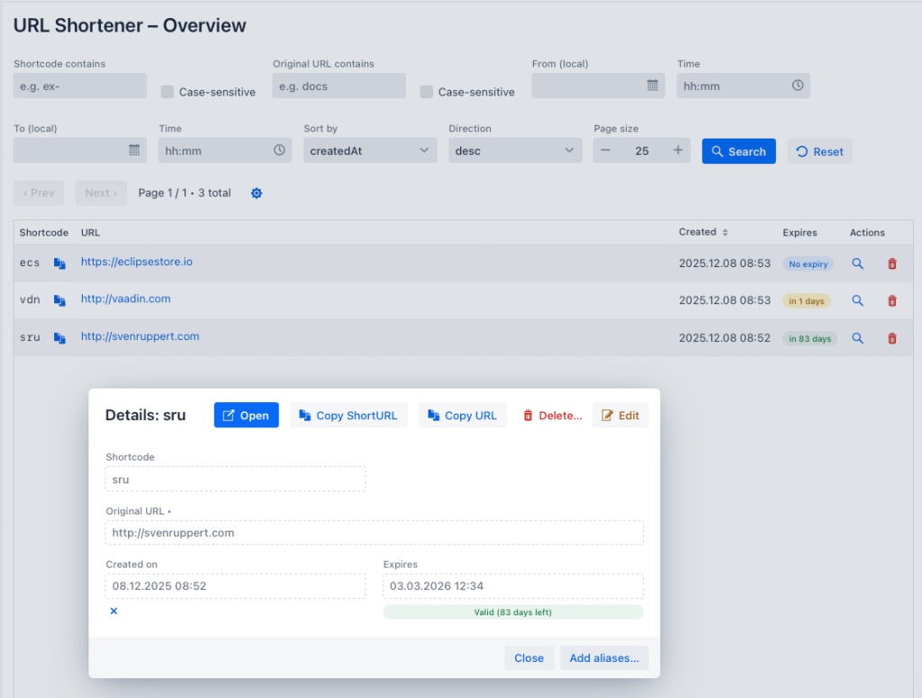 Overview of the URL shortener application, displaying a list of created shortcodes, original URLs, and their expiration details.