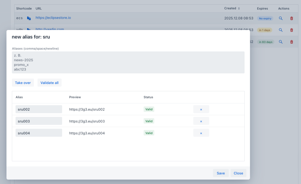 Screenshot of a new alias management window in a URL shortener application, displaying fields for entering aliases, a preview section showing generated short URLs, and validation status indicators for each alias.