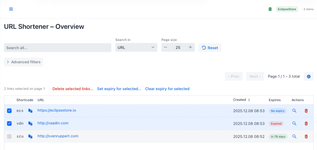 Overview of the URL Shortener application displaying selected shortlinks with options for deleting, setting expiration dates, and clearing expirations.