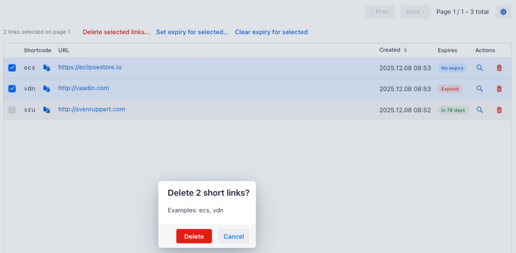 Confirmation dialog for deleting selected short links, showing two selected items with their shortcodes and URLs, along with options to delete or cancel.