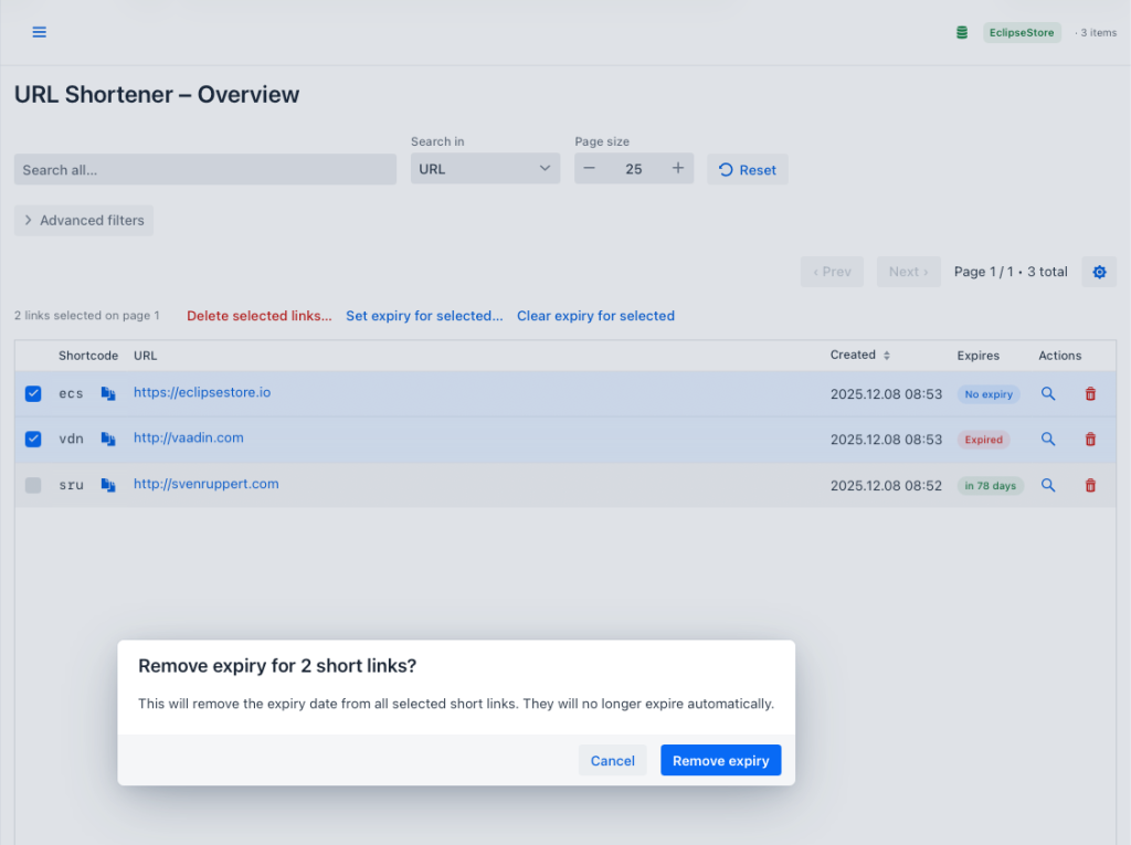 An overview screen of a URL shortener interface displaying a list of short links with selected options for managing their expiration dates, including a dialogue box asking for confirmation to remove expiration for two selected links.