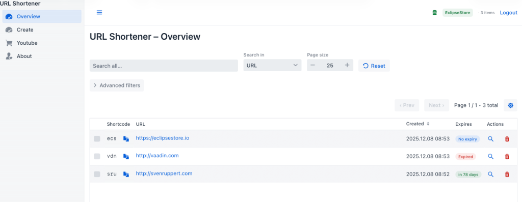 Admin interface of a URL shortener application displaying an overview of shortened URLs with options for searching, filtering, and user actions.