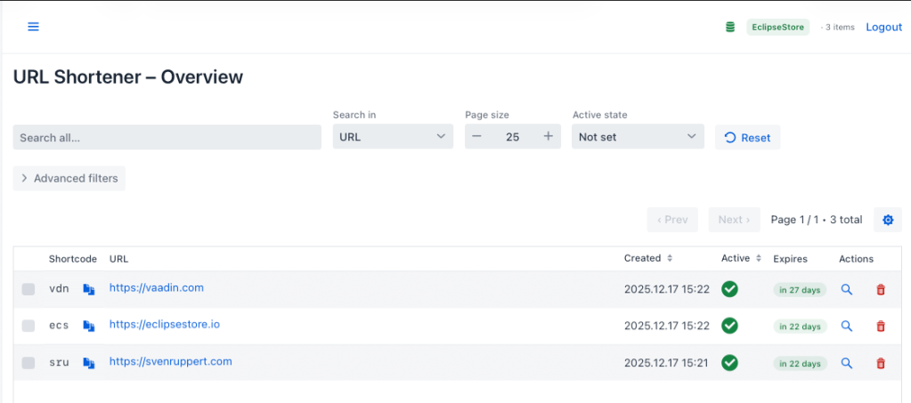 A user interface for a URL shortener application showing an overview of shortlinks with columns for shortcode, URL, creation date, active status, expiration date, and actions including links to activate or deactivate.