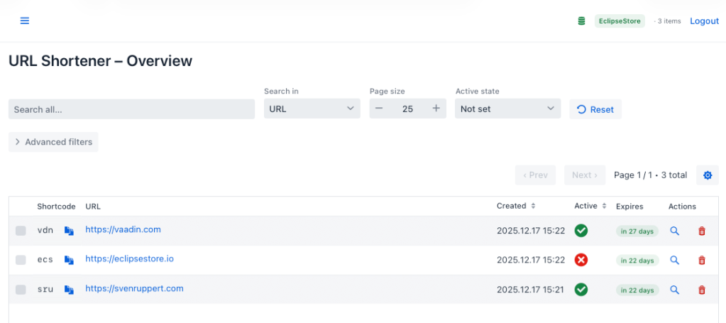 Overview of the URL Shortener application displaying shortlinks with columns for shortcode, URL, creation date, activity status, expiration, and actions.