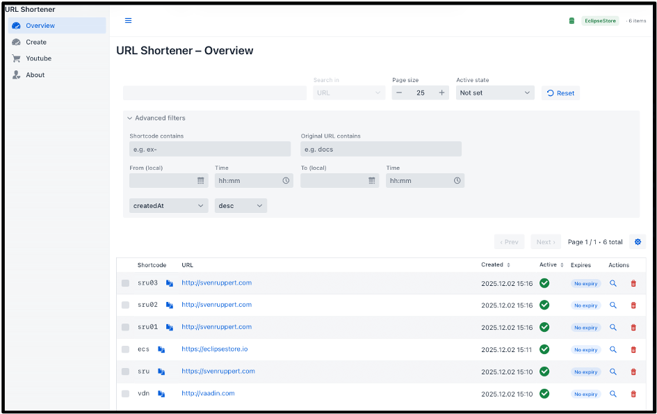 Screenshot of the URL shortener overview interface, displaying fields for searching, filtering, and a table showing shortened URLs with related information such as creation date and active status.