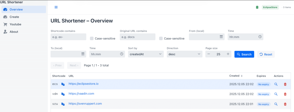 Screenshot of the URL Shortener&rsquo;s Overview page displaying a table of shortcodes, URLs, creation dates, expiration indicators, and action buttons. Contains a search bar and filters for sorting and displaying results.