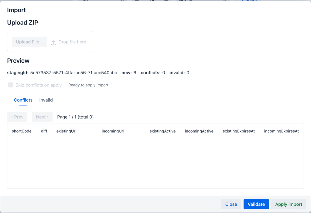 User interface for importing a ZIP file with a preview section showing a staging ID, number of new items, conflicts, and invalid entries. The interface includes a table for displaying short codes, URLs, and activation statuses.