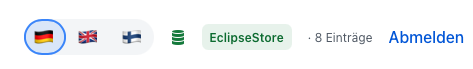User interface showing language options with German, English, and Finnish flags, the name &lsquo;EclipseStore,&rsquo; and a logout button.