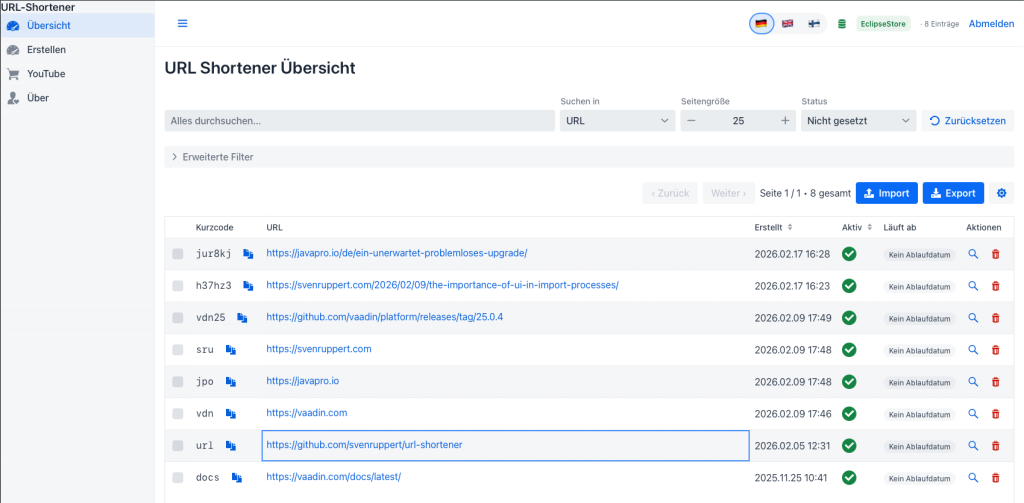 Screenshot of a URL shortener interface displaying a list of shortened URLs, their codes, original links, creation dates, and status indicators.